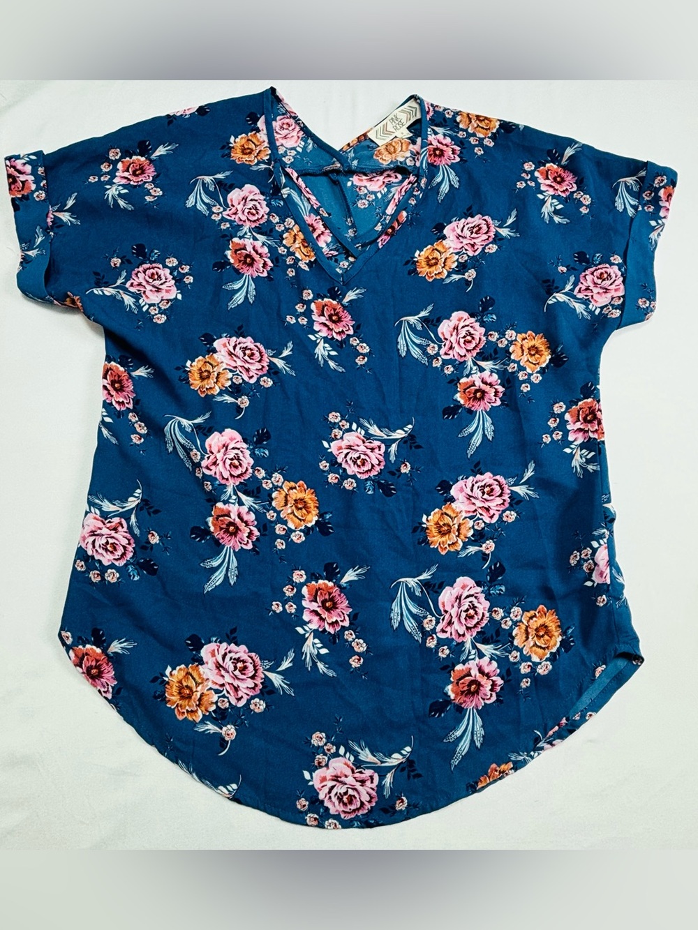 Floral V-Neck Short Sleeve Blouse - Navy with Pink & Orange Flowers W528